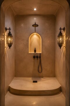 Minimalist Moroccan Shower Room With Tadelakt Walls Arched Niche Stone Platform And Warm Lantern Glow