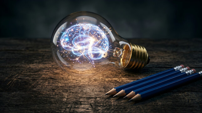 Light bulb with brain inside, creativity and innovation concept, thought process