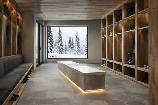 Minimalist Snow Resort Boot Changing Room With Pine Cubbies Heated Bench And Cool Natural Light