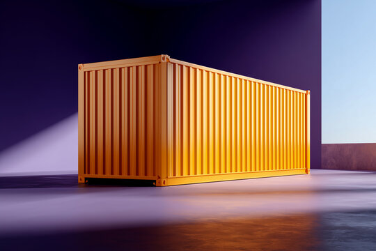 A bright yellow corrugated shipping container stands inside a modern open architectural space with deep purple walls, illuminated by sharp geometric sunlight