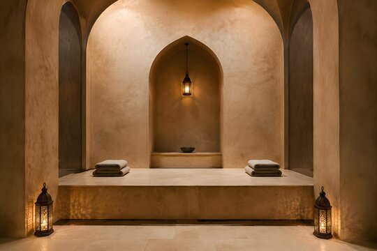 Minimalist Hammam Changing Area With Tadelakt Walls Stone Platform Arched Niche And Warm Lantern Illumination