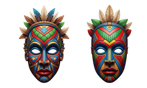 Set of two colorful tribal masks with feather headdresses isolated on transparent background