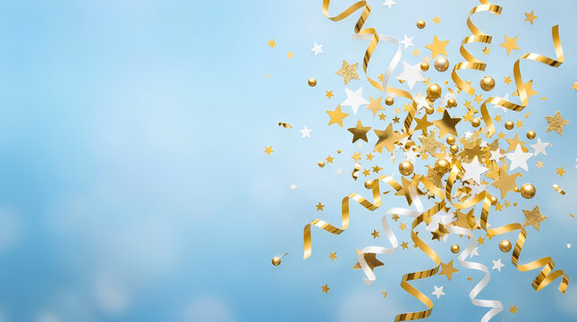 Festive gold and white confetti streamers floating elegantly against a soft blue background to celebrate special holidays and joyous events