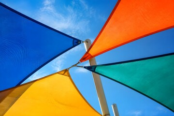 Playground Shade Sails Forming Colorful Triangles Against Blue Sky Create A Vibrant Modern Recreational Landscape