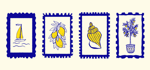 Whimsical blue and yellow hand-drawn frames with doodle lemon, boat, shell. Greek, italian stamp in retro coquette style on ivory background. set for menu, greeting cards, party decor, postcard © Екатерина Тарасова