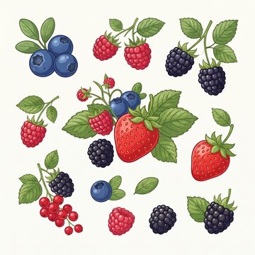 Set of fresh ripe berries including strawberry raspberry blueberry blackberry and red currant fruits