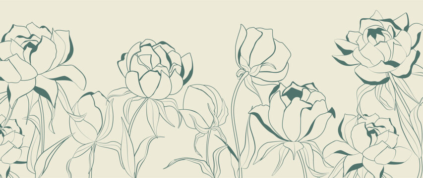 Vintage art background with hand-drawn flowers in line art style. Botanical banner for decor, prints, textiles, packaging, posters, interiors, and wallpaper.