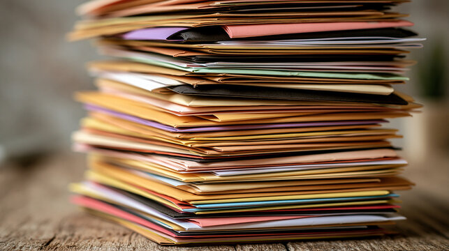 A tall stack of colorful envelopes rests on a rustic wooden table. This image represents office organization, communication, and administrative tasks.