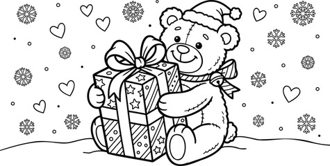 Fototapeta premium Brown teddy bear hugging a wrapped gift box with festive holly border wrapped present holly leaves red berries