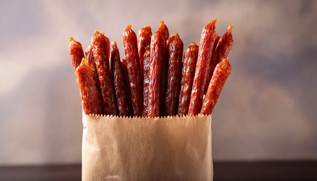 smoked pepperoni sticks in craft paper bag tasty food delicious snack