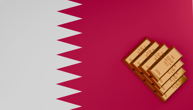 Qatar Flag with Gold Bars: A stack of gleaming gold bars rests on the rich crimson background of the Qatar flag, symbolizing wealth and prosperity.