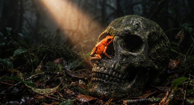 Bright orange poison dart frog sits on a mossy human skull in a dark forest Halloween