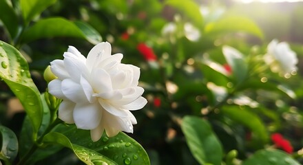 Obraz premium White jasmine flower with green leaves and water droplets in garden outdoors