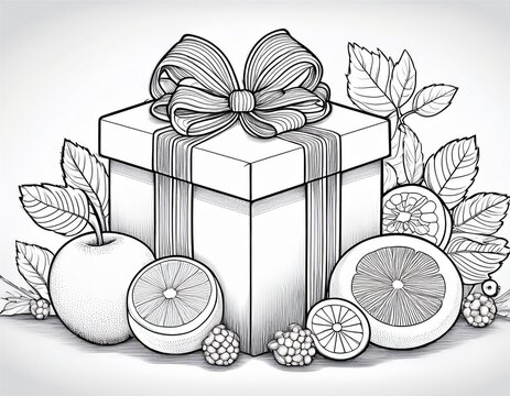 gift box with ribbon and fruit border coloring page