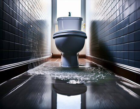 water leaking from toilet flooding bathroom floor with puddle