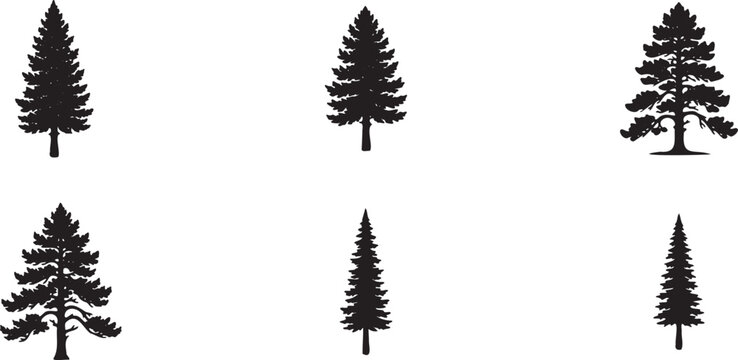 Set of black pine tree silhouettes isolated for forest landscape design and nature art