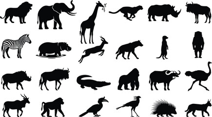 African safari wildlife silhouette compilation presenting savanna animals exotic jungle predators and tropical mammal icons with blue outlines © Maruf
