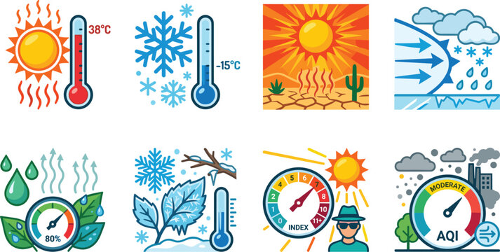 Weather and Climate Vector Icon Set with Temperature, Heatwave, Cold Weather, Humidity, UV Index and Air Quality