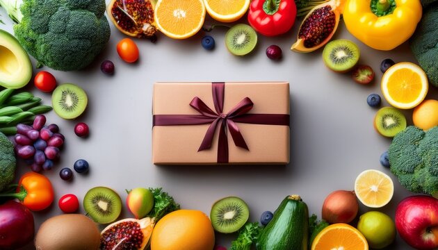 gift box surrounded by fresh fruits and vegetables border frame healthy food concept
