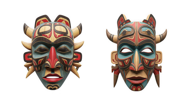Set of two intricate wooden tribal masks with red, blue, and natural wood accents isolated on transparent background