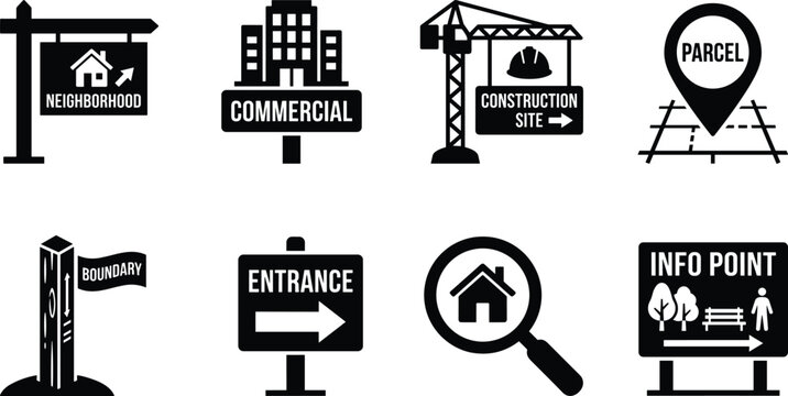 Real Estate and Wayfinding Sign Black Silhouette Icon Set Property Navigation Vector Collection