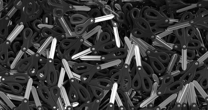 Black 3D scissors move horizontally across the screen to create a dynamic transition. Includes 4K resolution with alpha channel.