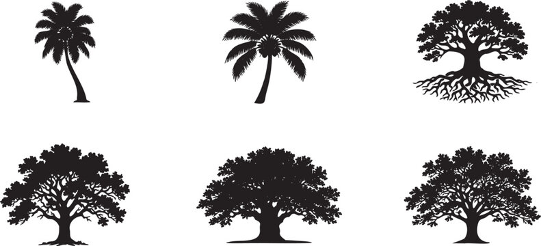 Set of black tree and palm icons showing different shapes and styles for nature design