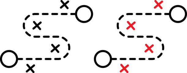 Dashed path route icons with markers. Navigation map symbols for travel or logistics. © khalid