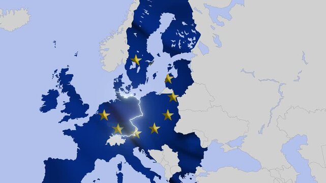 Animated map of Europe highlighting European Union with EU flag and Germany with German flag symbolizing Dexit concept