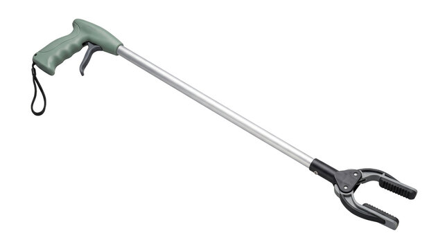 Long reach grabber pickup tool with ergonomic trigger handle isolated on transparent PNG background, assistive mobility aid