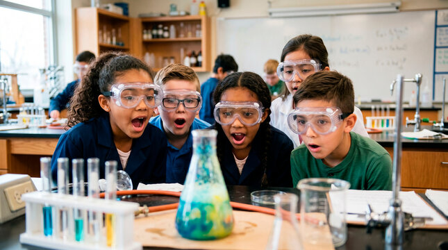 Group of school children in goggles looking at chemical reaction in flask during science lesson in classroom. Kids conducting chemistry experiment. Innovation and education concept.