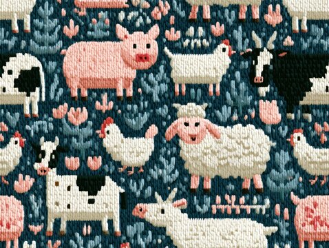 Farm animal repeat pattern on dark blue
