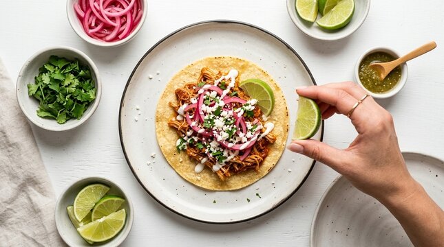 Chicken tinga taco with pickled red onion overhead flat lay stock food photography