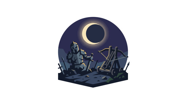 Medieval knight and siege ballista under crescent moon pixel art