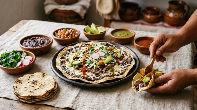 Oaxacan tlayuda taco spread with black beans and quesillo eye-level shot stock food photography