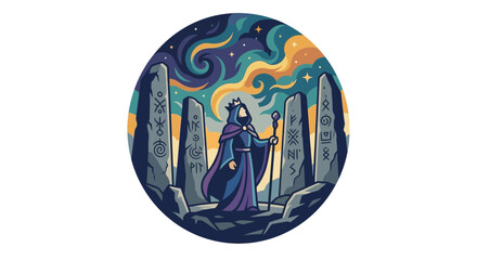 Fototapeta premium Wizard standing among ancient runic stones under a starry night sky