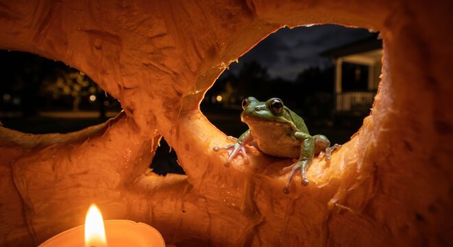 Small green frog sits on the textured edge of a carved pumpkin with a lit candle inside Halloween