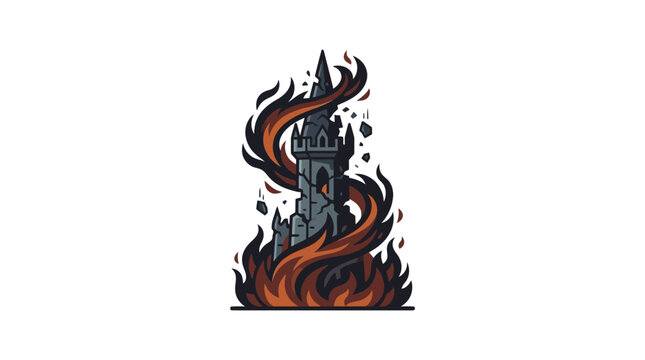 Medieval stone tower engulfed in swirling flames pixel art