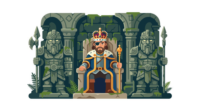 Pixel art king sitting on a throne flanked by stone guardian statues