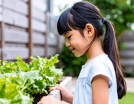 Young girl learning about gardening harvesting fresh lettuce
