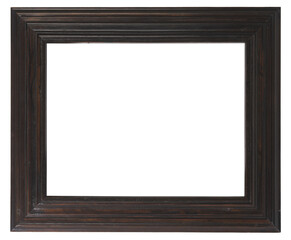 Plakat Vintage dark brown wooden picture frame isolated on transparent background (png). Antique black rustic wood portrait border template with realistic aged grain and cutout center for mockup asset.