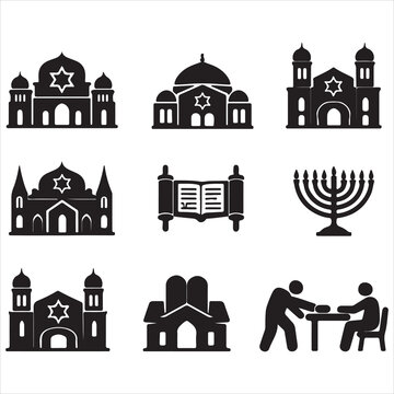 Iconic symbols and structures of judaism in black and white vector art