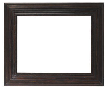 Vintage dark brown wooden picture frame isolated on transparent background (png). Antique black rustic wood portrait border template with realistic aged grain and cutout center for mockup asset.