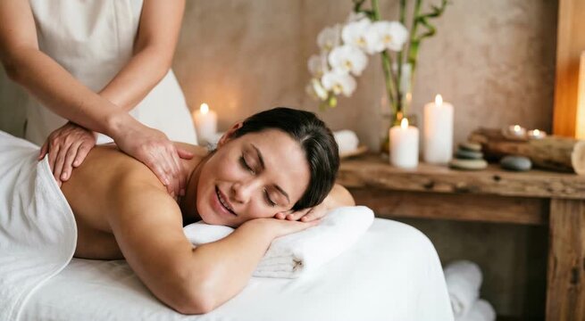 Woman receiving professional body massage in luxury spa. Relaxed girl enjoys wellness treatment with candle illumination. Rejuvenation and health care concept.