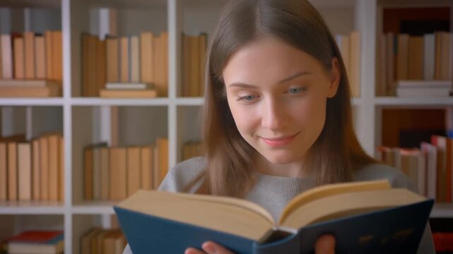 Friendly young woman holding a book and read