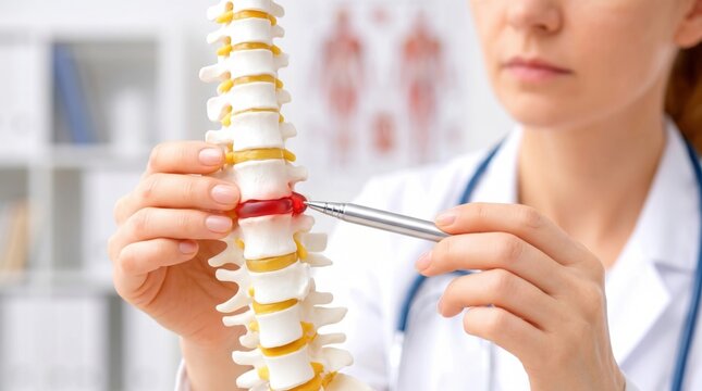 Female doctor pointing at red herniated disc on human spine anatomical model in clinic closeup, spinal column health care and anatomy concept