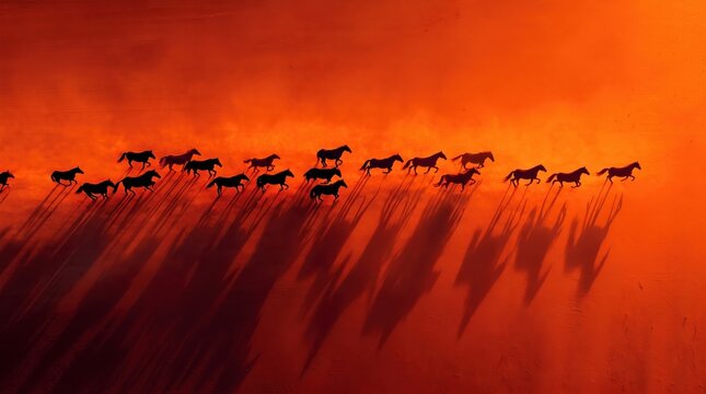 Aerial drone shot of horses herd running through red sand desert at golden hour. Symbolizing strength, untamed energy, freedom, power and dynamic movement.