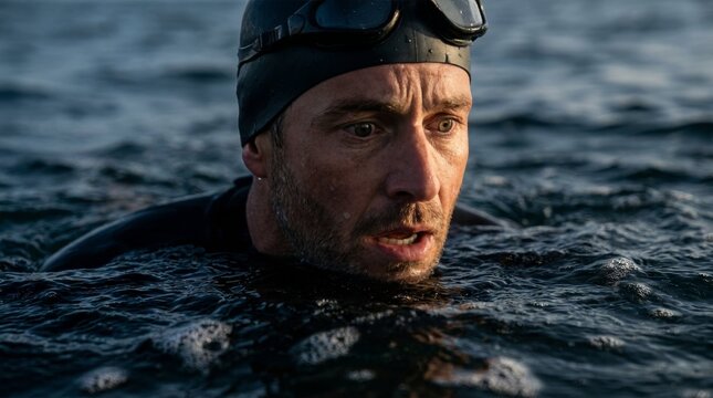 Close-up Portrait of Determined Male Triathlete Swimming in Open Sea Water