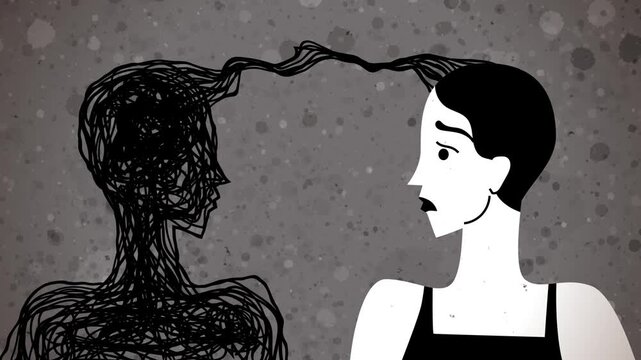 woman with a subconscious double emerging from tangled thoughts