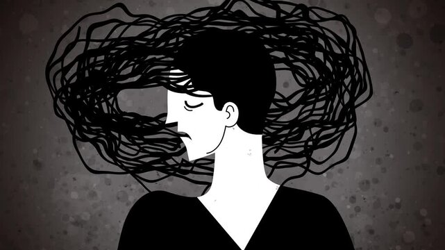 person with a tangled mass of thoughts surrounding the head